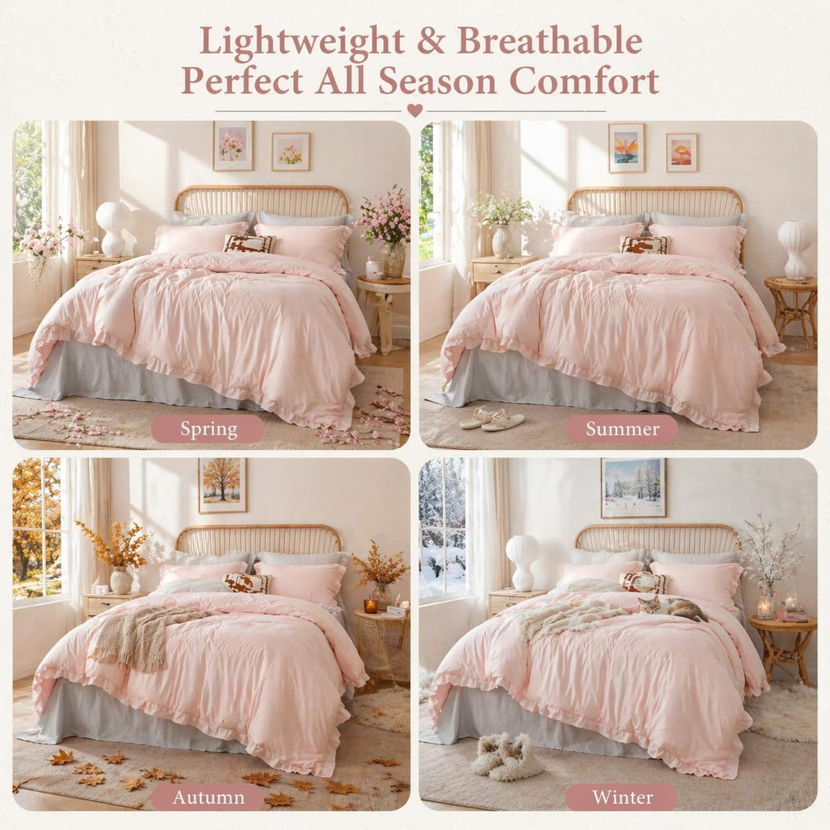 JANZAA Blush Pink Comforter Set Queen, Ruffle Soft Bedding