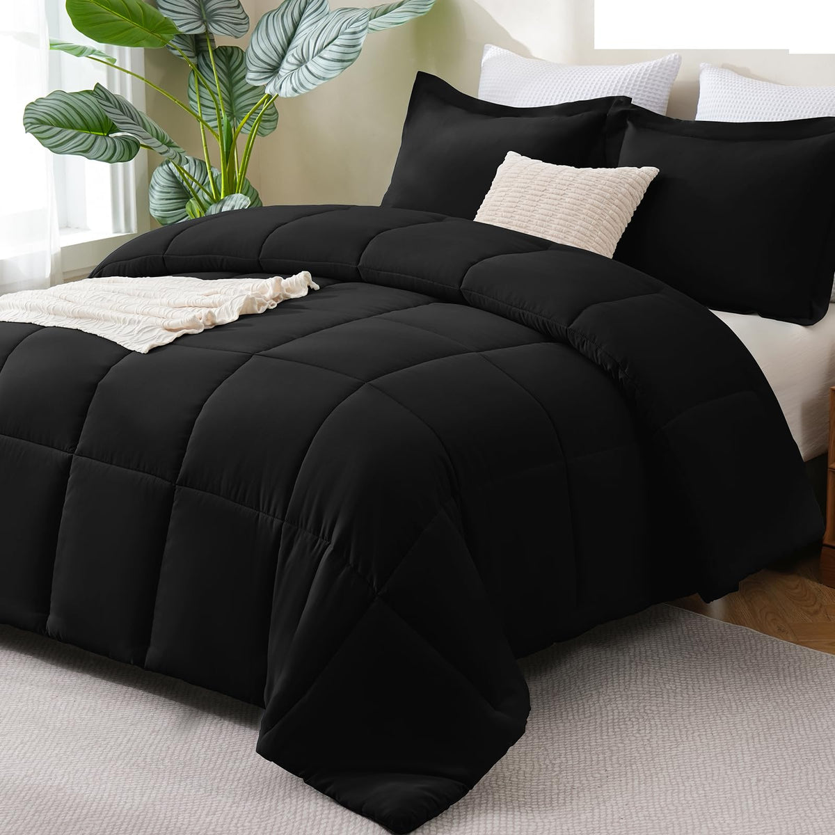 CozyLux Queen Comforter Set, 3-Piece Box-Stitched, Black