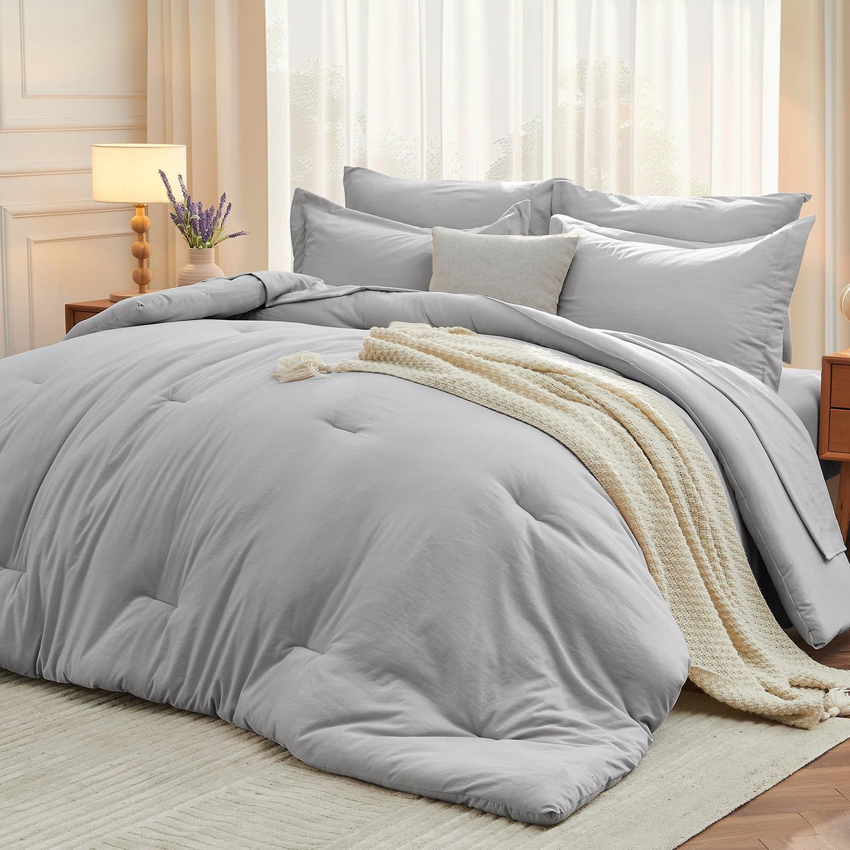 MUXHOMO 7 Pieces California King Comforter Set, Soft Bed in a Bag Cal King Size, All Season Bedding Set with Comforter, Flat Sheet, Fitted Sheet, Pillowcases & Shams, Beige