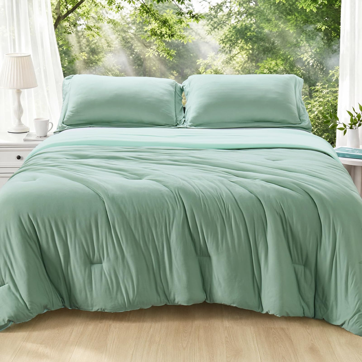 MUXHOMO Queen Size Comforter Set Beige, 3 Piece Solid Bedding for All Seasons, Warm Down Alternative Bed Set Includes 1 Lightweight Comforter (90"x90") and 2 Pillowshams (20"x26")