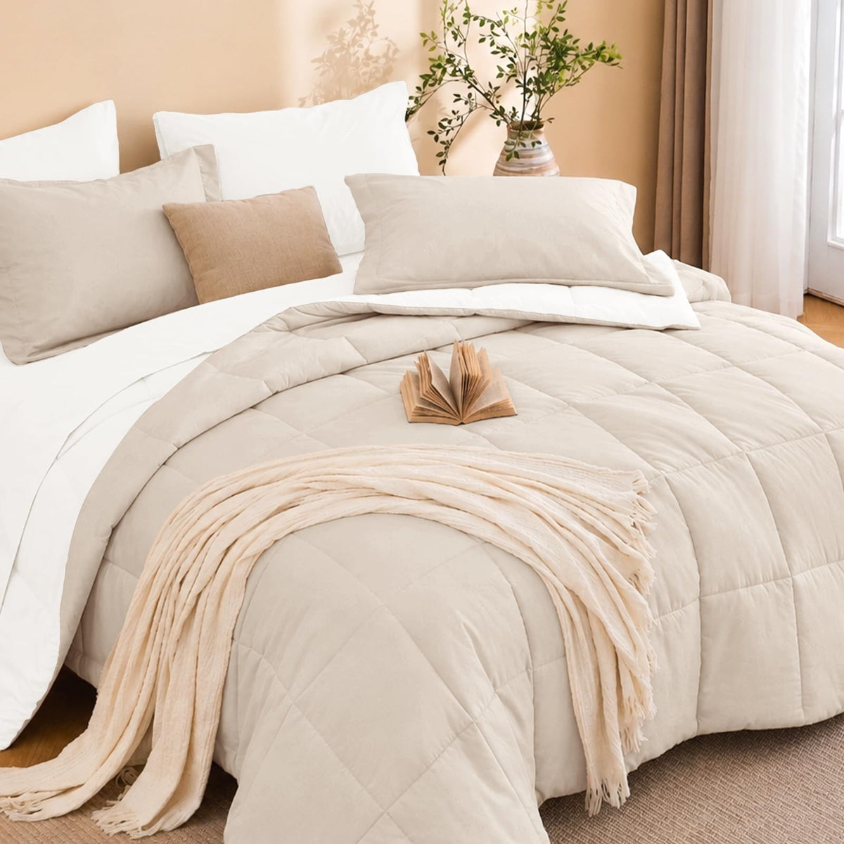 MUXHOMO Queen Comforter Set with Sheets Brown - 7 Pieces Bed in a Bag