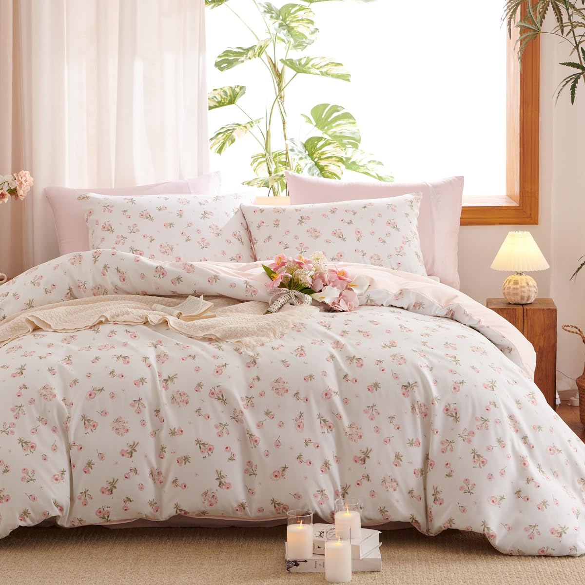 Floral Comforter Set Full Size Pink Bedding Sets for All Season