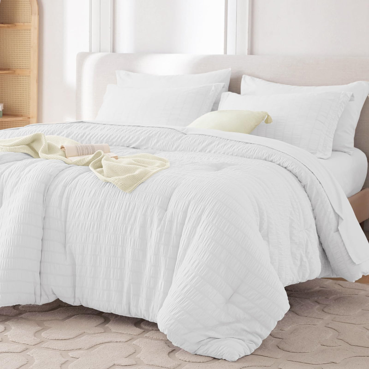 MUXHOMO 7 Pieces Queen Comforter Set, Seersucker Bed in a Bag Queen Size, All Season Luxury Bedding Set with Comforter, Flat Sheet, Fitted Sheet, Pillowcases & Shams, Beige