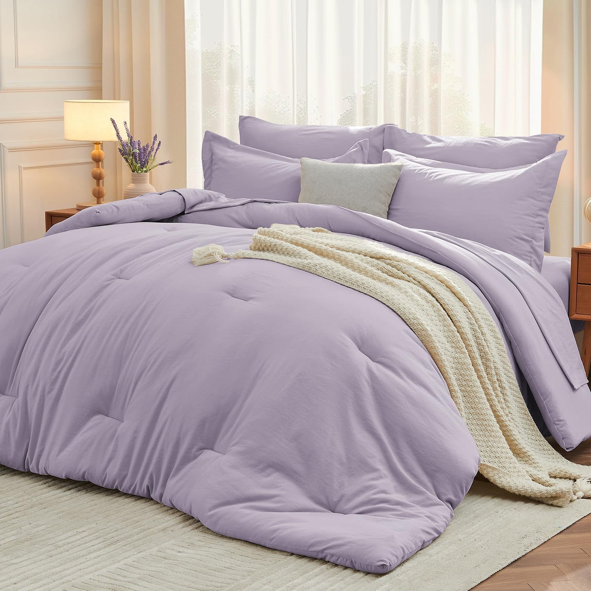 MUXHOMO 7 Pieces Queen Comforter Set, Soft Bed in a Bag Queen Size, All Season Bedding Set with Comforter, Flat Sheet, Fitted Sheet, Pillowcases & Shams, Beige