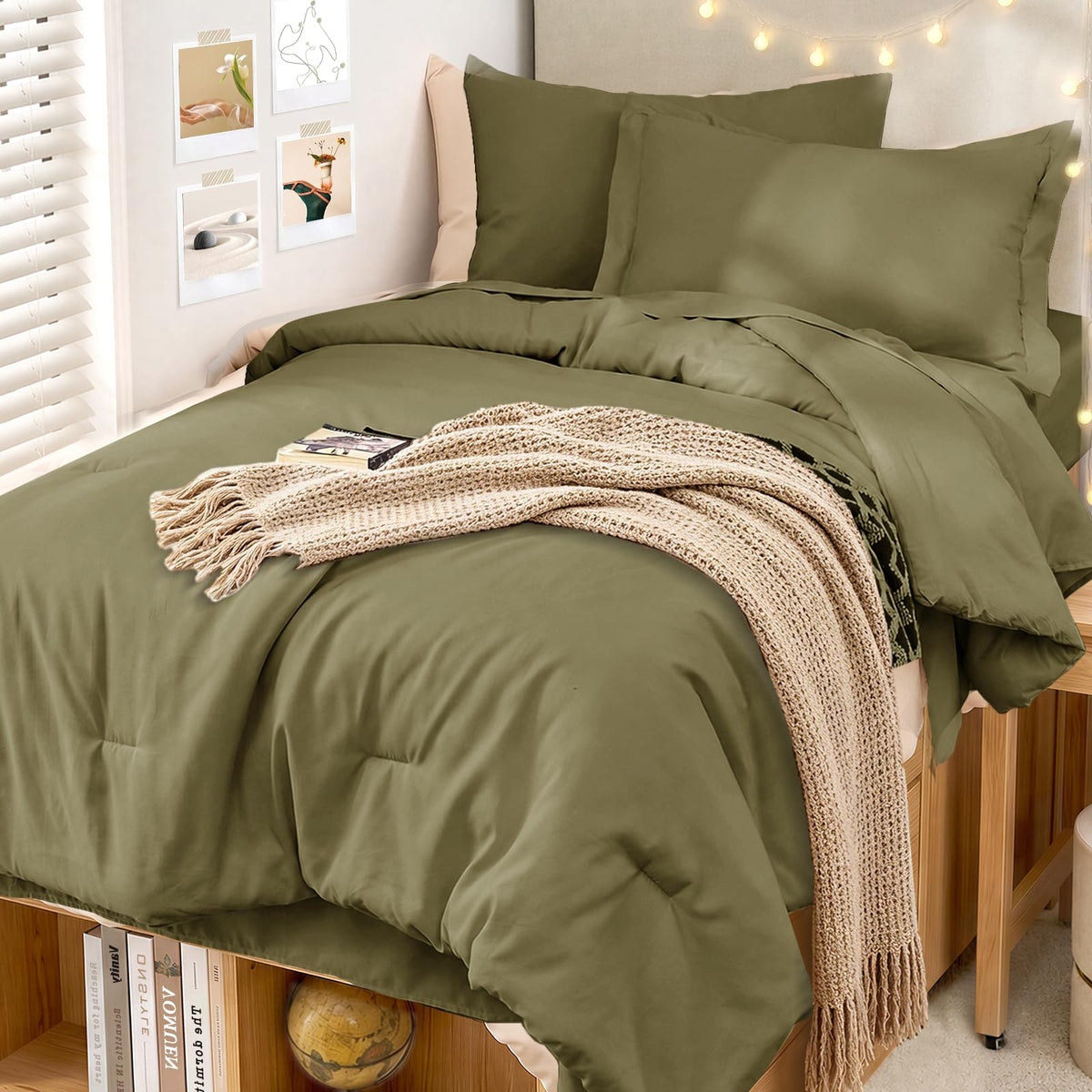 MUXHOMO 7 Pieces California King Comforter Set, Soft Bed in a Bag Cal King Size, All Season Bedding Set with Comforter, Flat Sheet, Fitted Sheet, Pillowcases & Shams, Beige