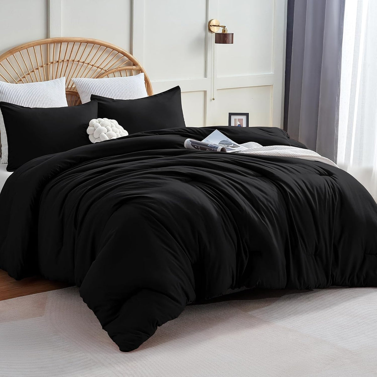 CozyLux Queen Comforter Set, 3 Pieces Down Alternative Bedding, Black