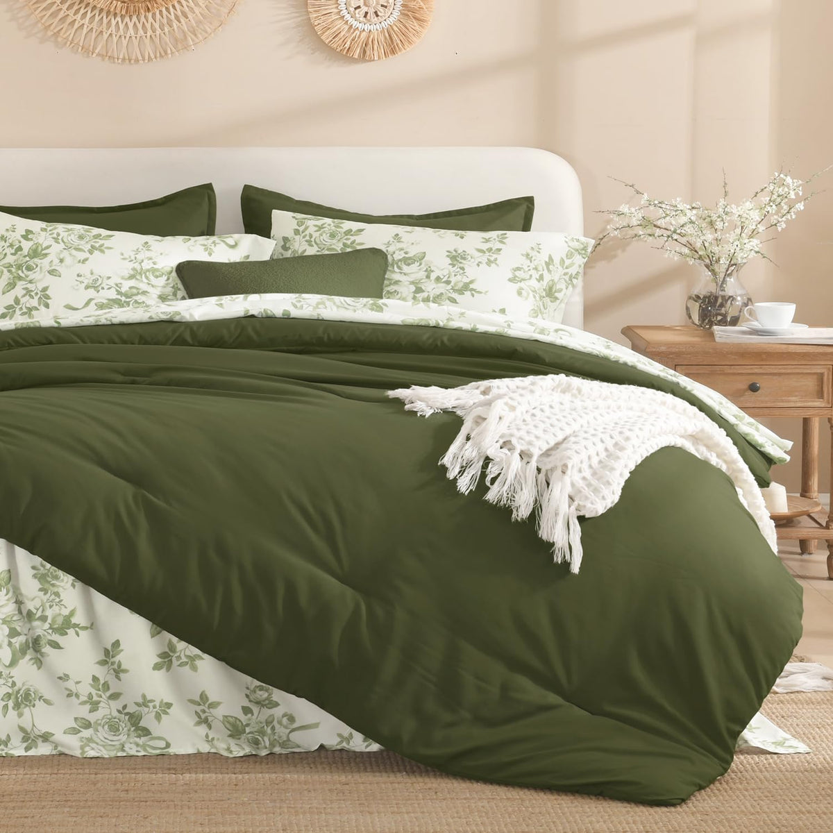 Litanika Floral Queen Comforter Set, 7 Peices Olive Green Bed in a Bag