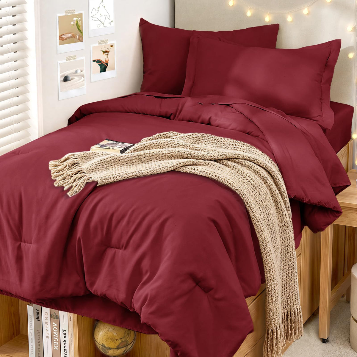 MUXHOMO 7 Pieces Queen Comforter Set, Soft Bed in a Bag Queen Size, All Season Bedding Set with Comforter, Flat Sheet, Fitted Sheet, Pillowcases & Shams, Beige