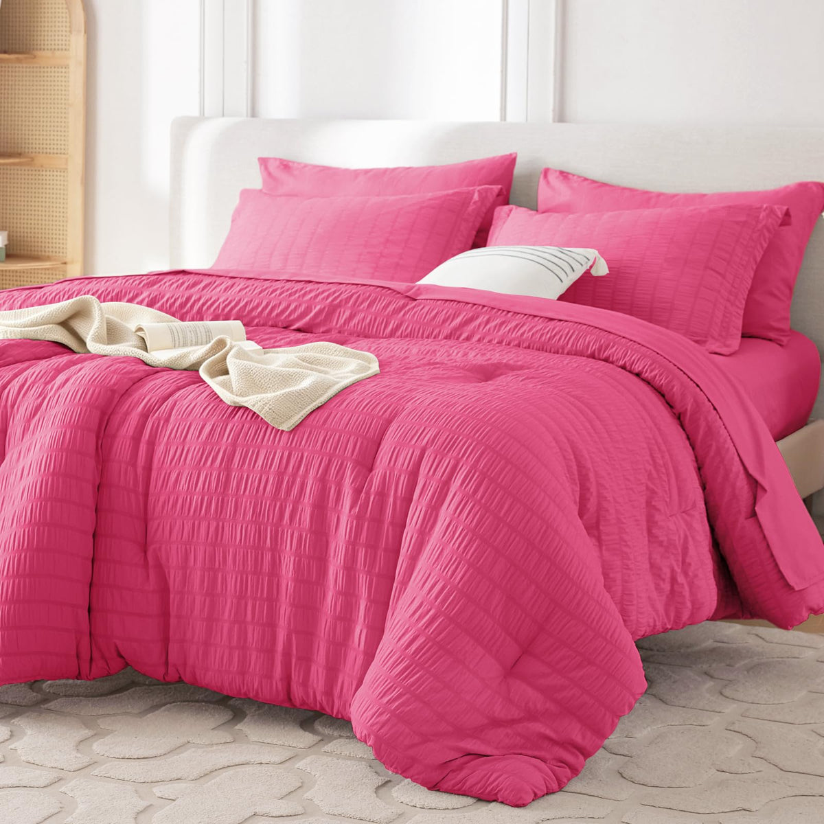 MUXHOMO 7 Pieces Queen Comforter Set, Seersucker Bed in a Bag Queen Size, All Season Luxury Bedding Set with Comforter, Flat Sheet, Fitted Sheet, Pillowcases & Shams, Beige