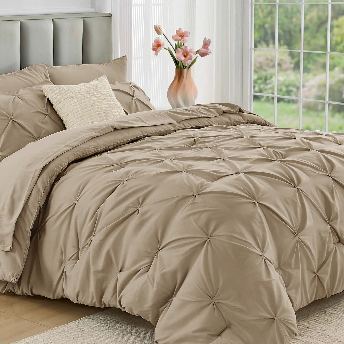 JOLLYVOGUE Queen Comforter Set 7 Pieces - Bed in a Bag Queen for All Season, Pintuck Bedding Comforter Sets with Comforter, Flat Sheet, Fitted Sheet and Pillowcases & Shams, Pink
