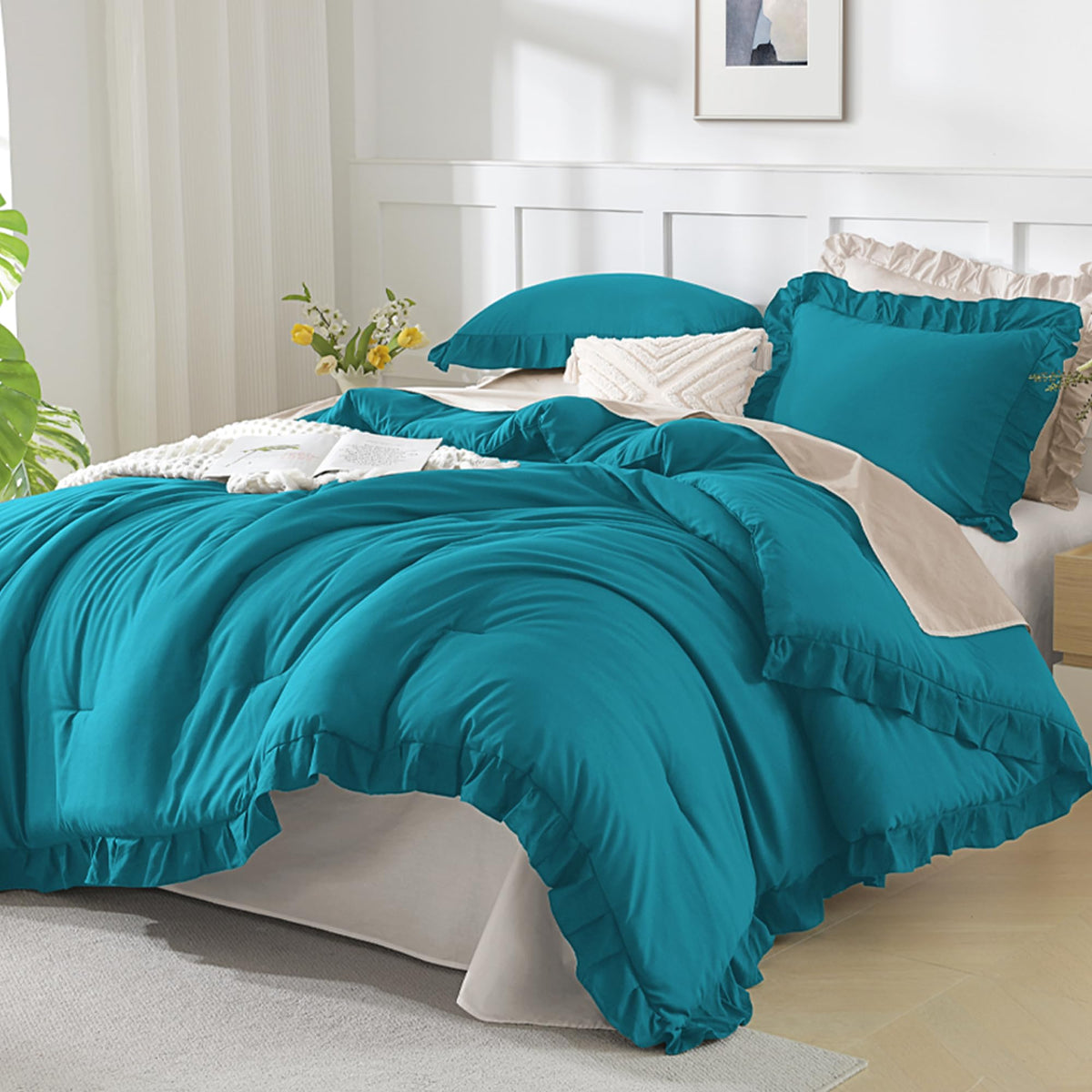 Andency White Comforter Set Queen Size, 3 Pieces Ruffle Farmhouse Bed Set