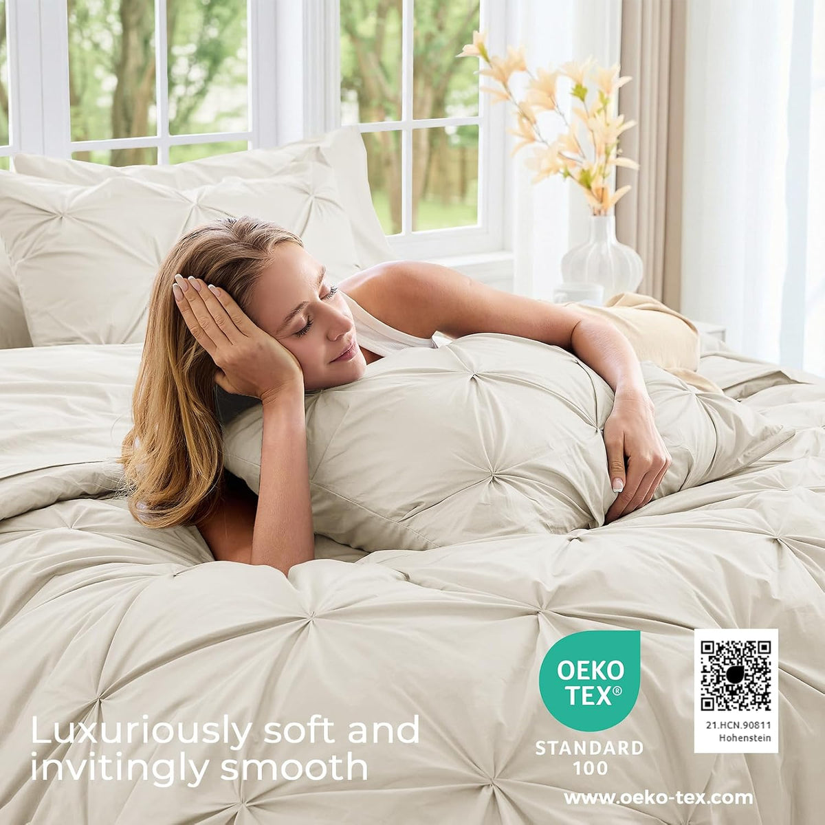 Sasttie Queen Comforter Set, 7-Piece Bed in a Bag, Pintuck Bedding Sets for All Season, Includes Comforter, Flat Sheet, Fitted Sheet, Pillowcases and Pillowshams, Beige