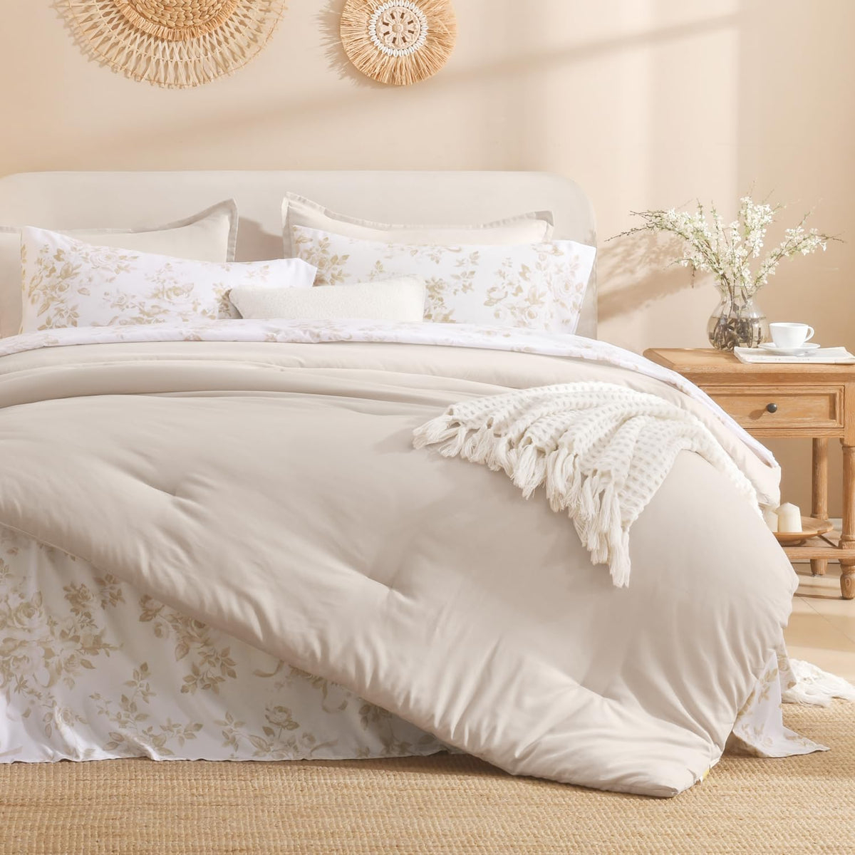 Litanika Floral Queen Comforter Set, 7 Peices Olive Green Bed in a Bag