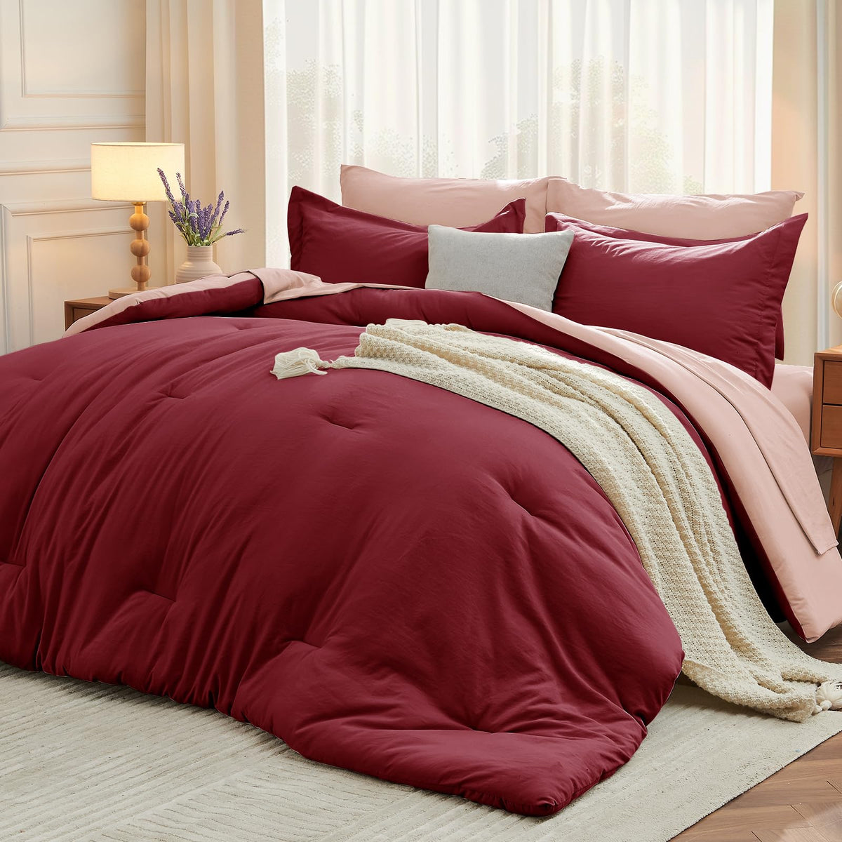 MUXHOMO 7 Pieces California King Comforter Set, Soft Bed in a Bag Cal King Size, All Season Bedding Set with Comforter, Flat Sheet, Fitted Sheet, Pillowcases & Shams, Beige