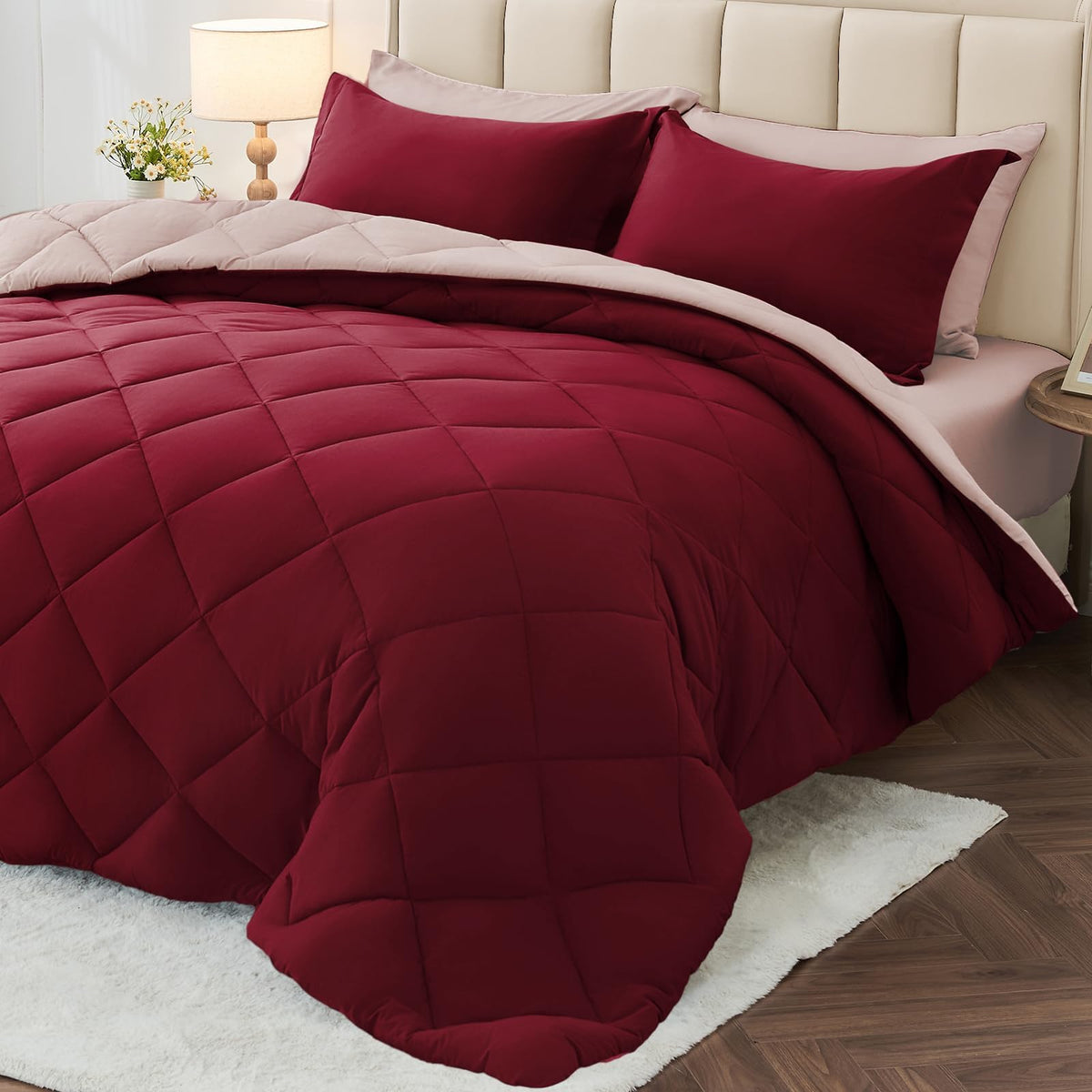 MUXHOMO 7 Pieces Queen Comforter Set, Reversible Bed in a Bag Queen Size, All Season Bedding Set with Comforter, Flat Sheet, Fitted Sheet, Pillowcases & Shams, Red & Black