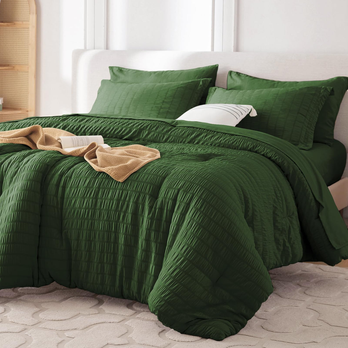 MUXHOMO 7 Pieces Queen Comforter Set, Seersucker Bed in a Bag Queen Size, All Season Luxury Bedding Set with Comforter, Flat Sheet, Fitted Sheet, Pillowcases & Shams, Beige