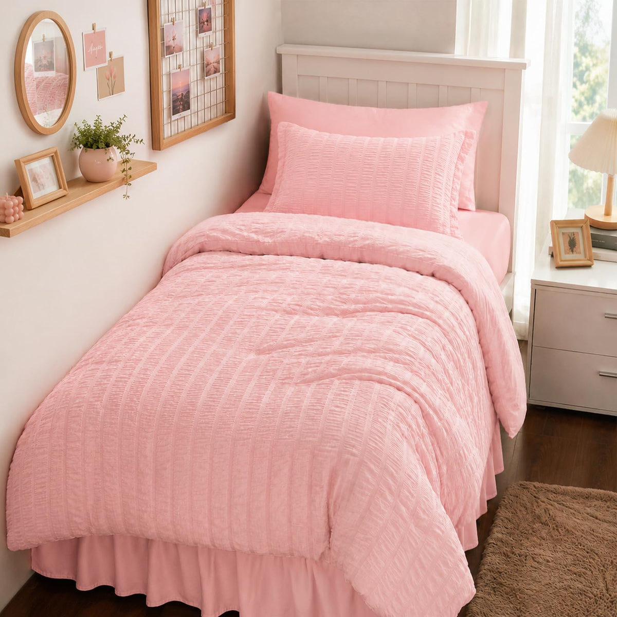 FUANNA Queen Comforter Set 7 Pieces, Pink Bed Set, Seersucker Bed in a Bag