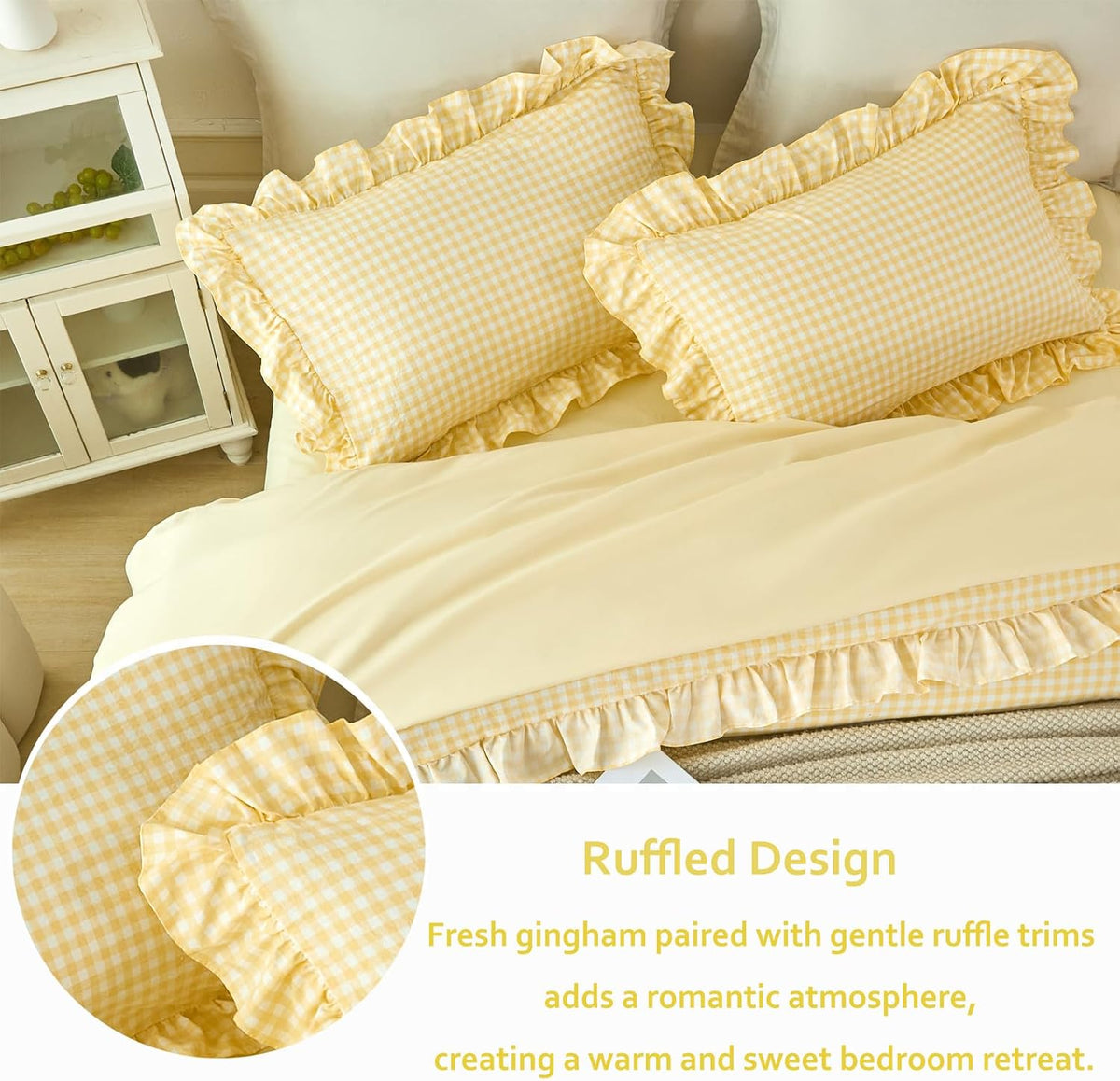RYNGHIPY Yellow Gingham Comforter Set 5 Pcs Plaid Ruffle Full Bed in a Bag