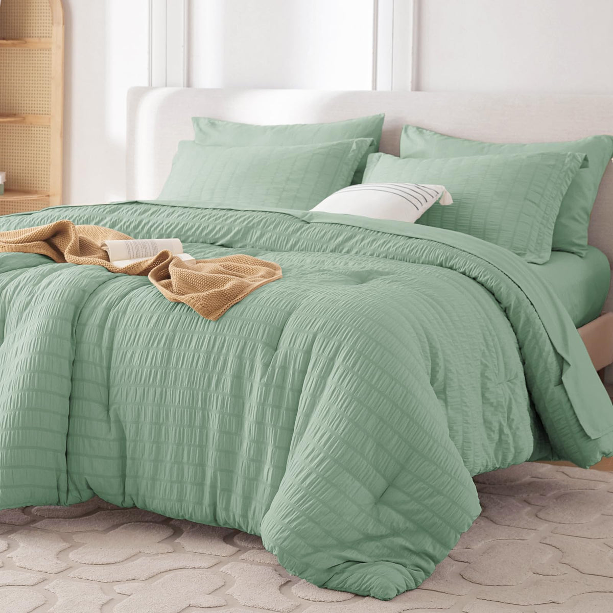 MUXHOMO 7 Pieces Queen Comforter Set, Seersucker Bed in a Bag Queen Size, All Season Luxury Bedding Set with Comforter, Flat Sheet, Fitted Sheet, Pillowcases & Shams, Beige