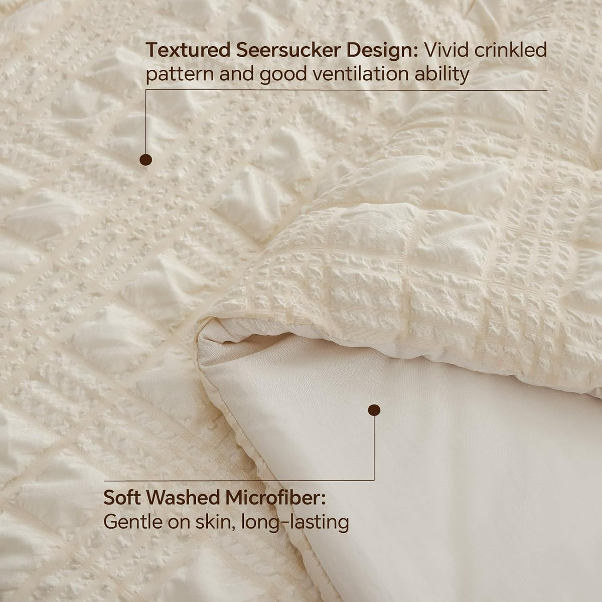 BEDELITE Queen Comforter Set, Seersucker Bedding Set 3 Pieces, Cream