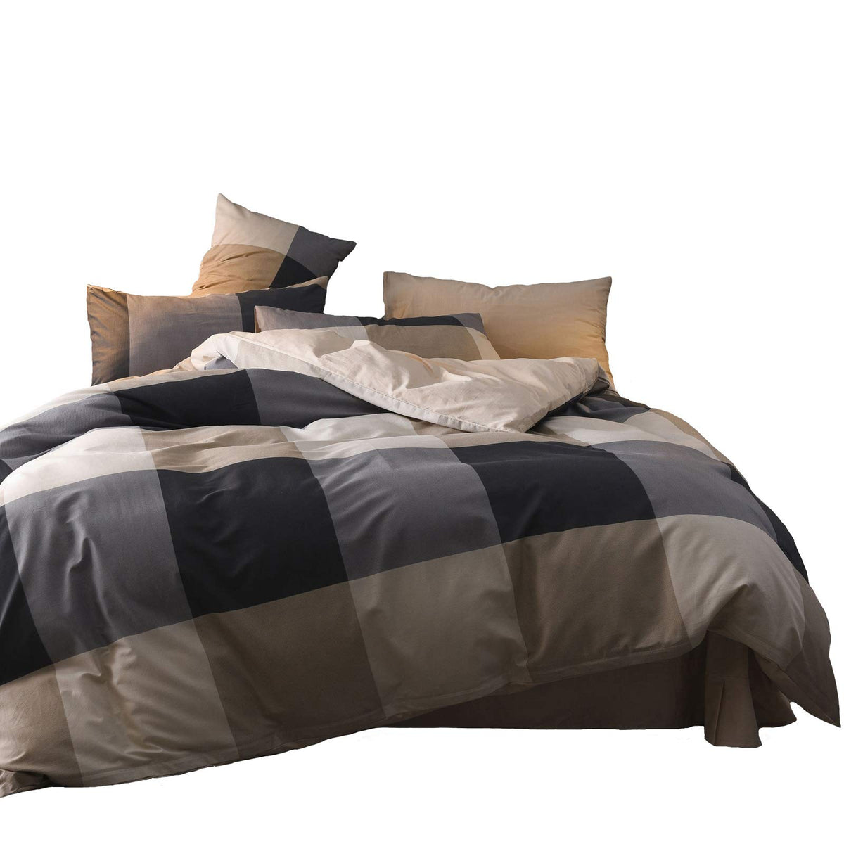 Black Grid Comforter Set Queen Soft Luxury Washed Microfiber 3 Pieces Bedding Set, White Grey Grid Pattern Comforter with 2 Pillowcases Breathable Durable Comfy