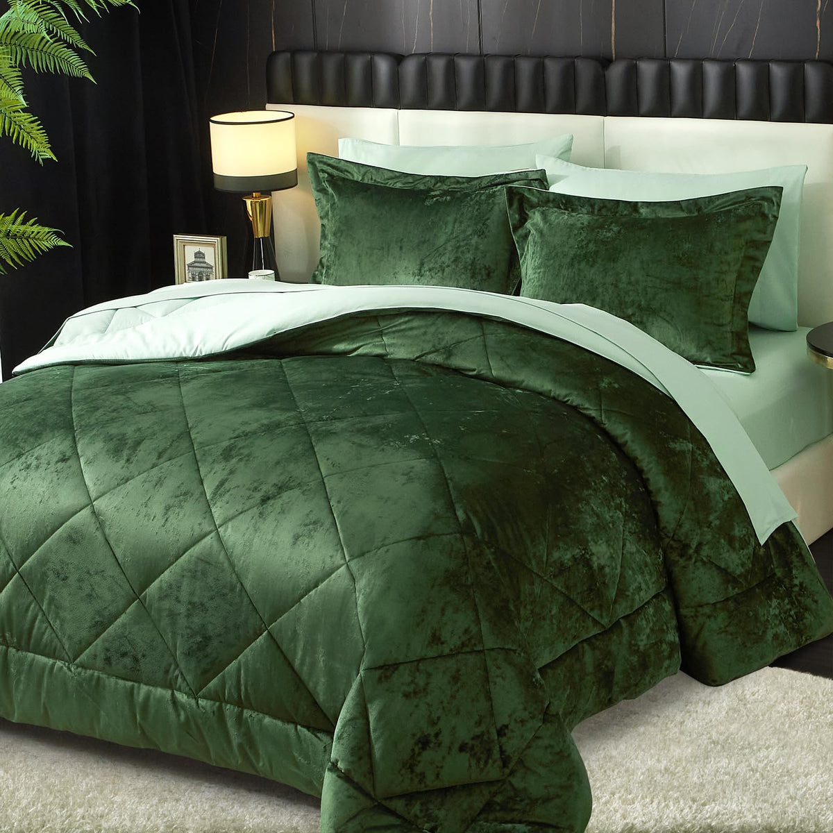 Ivellow Crushed Velvet Comforter Queen Size Green 5 Pcs Luxury Bedding Set