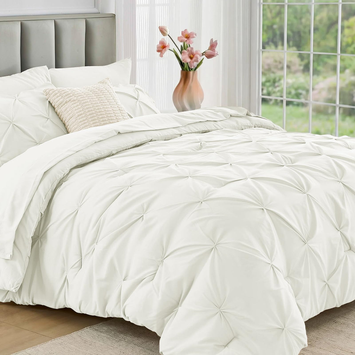 JOLLYVOGUE Queen Comforter Set 7 Pieces - Bed in a Bag Queen for All Season, Pintuck Bedding Comforter Sets with Comforter, Flat Sheet, Fitted Sheet and Pillowcases & Shams, Pink