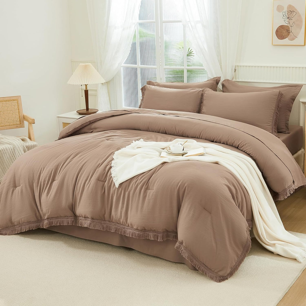 Andency King Comforter Set, 7 Pieces Beige Bedding
