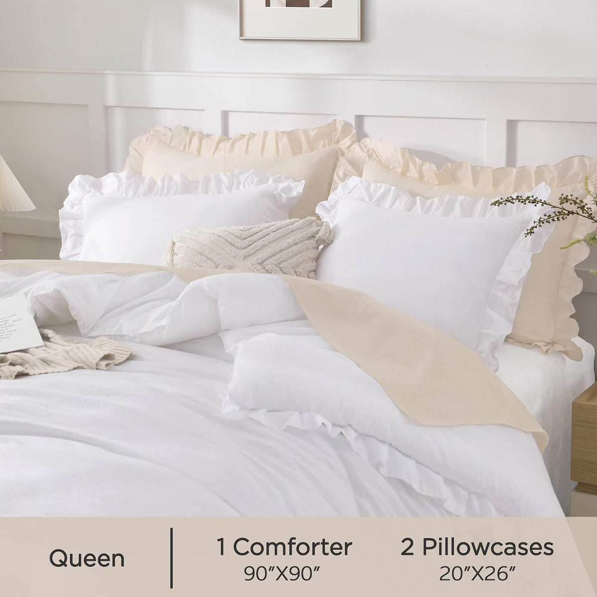 Andency White Comforter Set Queen Size, 3 Pieces Ruffle Farmhouse Bed Set