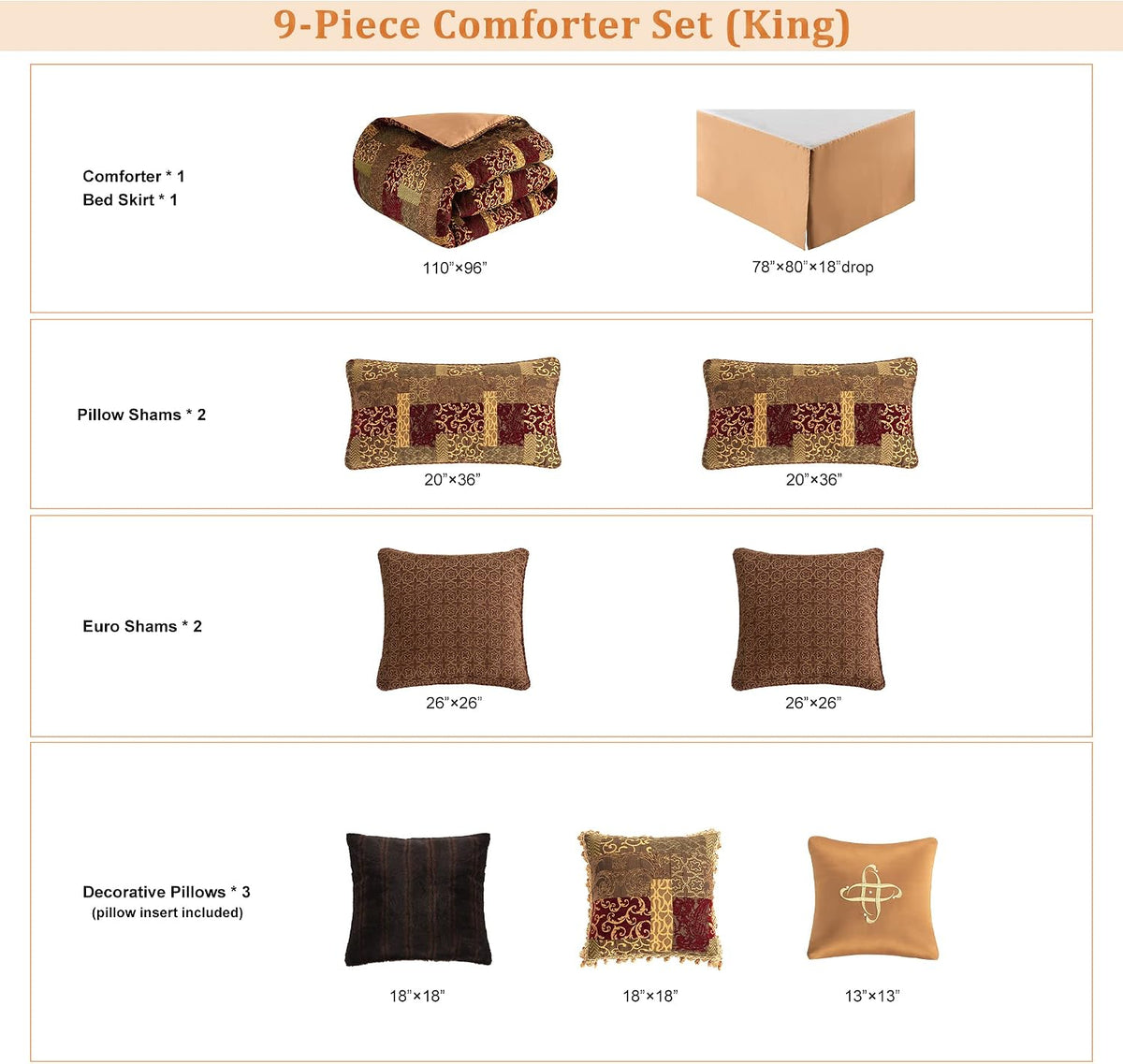 Loom and Mill 9-Piece Traditional Patchwork King Comforter Set, Red Gold