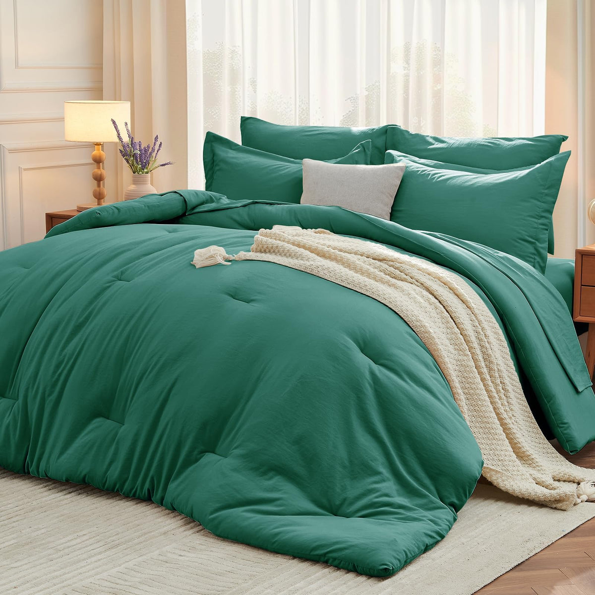 MUXHOMO 7 Pieces California King Comforter Set, Soft Bed in a Bag Cal King Size, All Season Bedding Set with Comforter, Flat Sheet, Fitted Sheet, Pillowcases & Shams, Beige