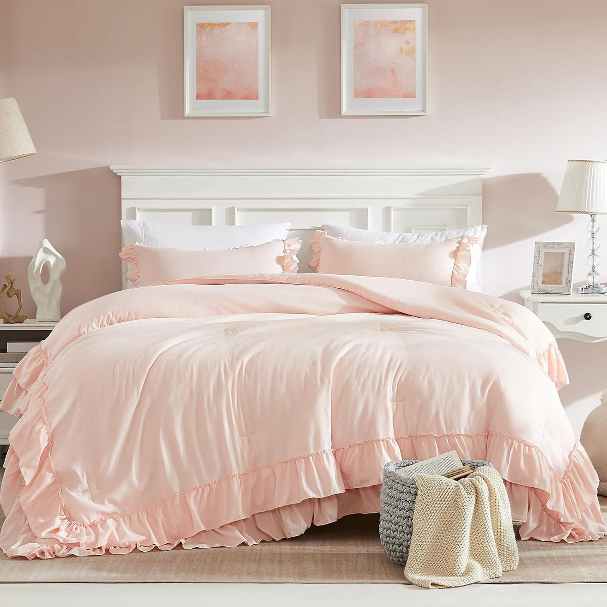 Cupocupa Blush Pink Comforter Set Queen, 3Pcs Comforters Queen Size Ruffle Farmhouse Bedding Sets Queen with Comforter, Lightweight Soft Shabby Chic Bedding Comforter Set Fluffy for All Season