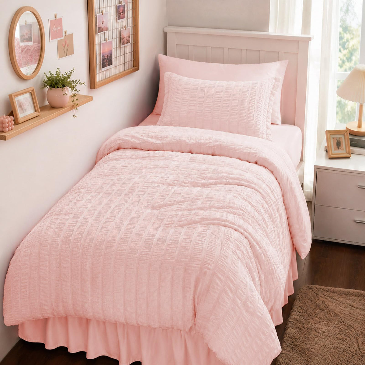 FUANNA Queen Comforter Set 7 Pieces, Pink Bed Set, Seersucker Bed in a Bag
