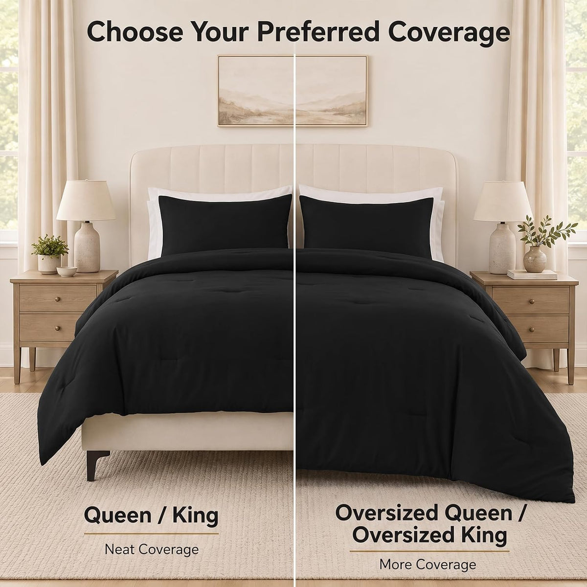 CozyLux Queen Comforter Set, 3 Pieces Down Alternative Bedding, Black
