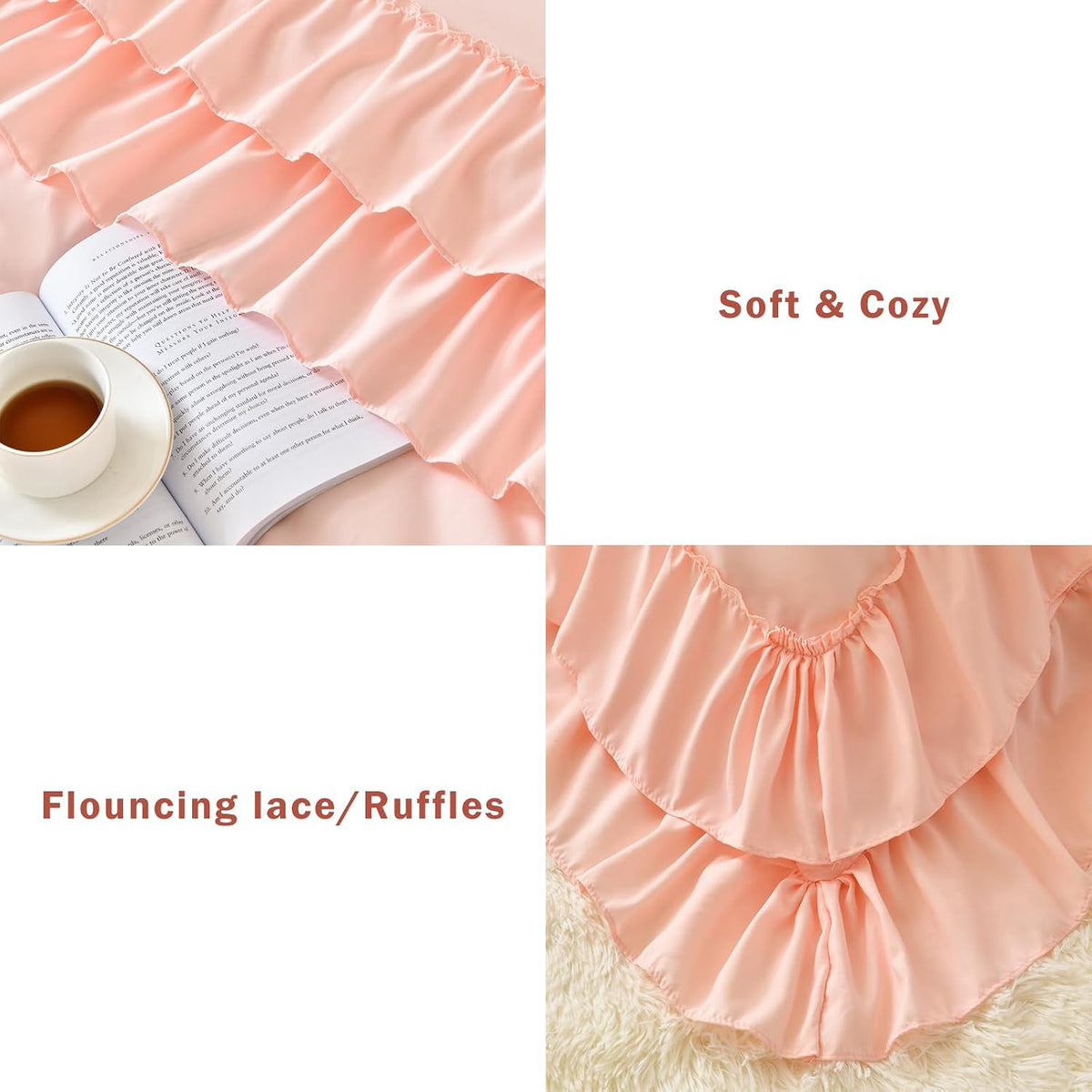 Cupocupa Blush Pink Comforter Set Queen, 3Pcs Comforters Queen Size Ruffle Farmhouse Bedding Sets Queen with Comforter, Lightweight Soft Shabby Chic Bedding Comforter Set Fluffy for All Season