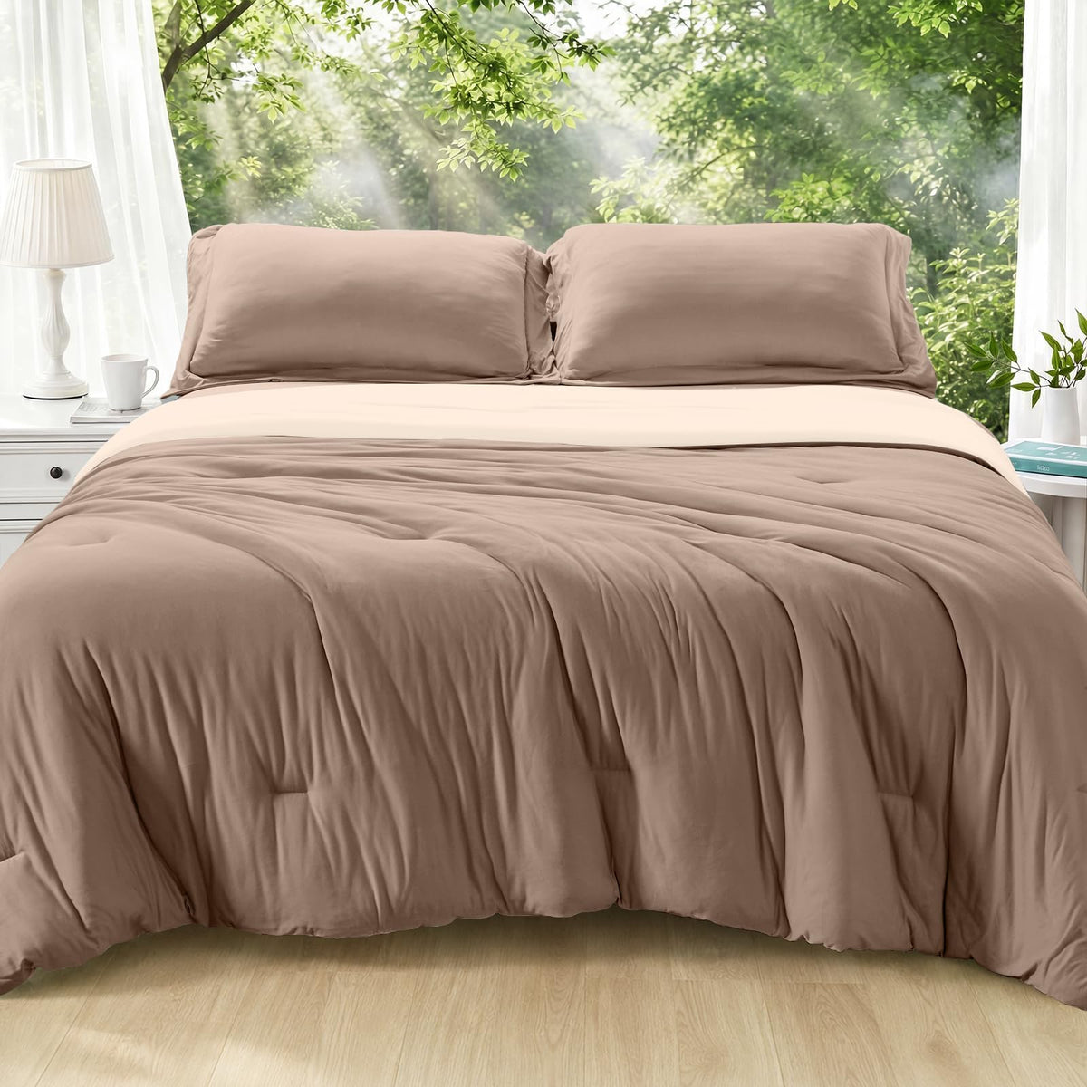 MUXHOMO Queen Size Comforter Set Beige, 3 Piece Solid Bedding for All Seasons, Warm Down Alternative Bed Set Includes 1 Lightweight Comforter (90"x90") and 2 Pillowshams (20"x26")