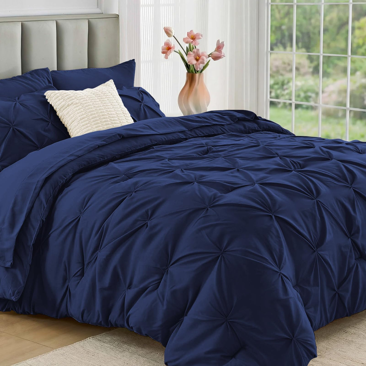 JOLLYVOGUE Queen Comforter Set 7 Pieces - Bed in a Bag Queen for All Season, Pintuck Bedding Comforter Sets with Comforter, Flat Sheet, Fitted Sheet and Pillowcases & Shams, Pink