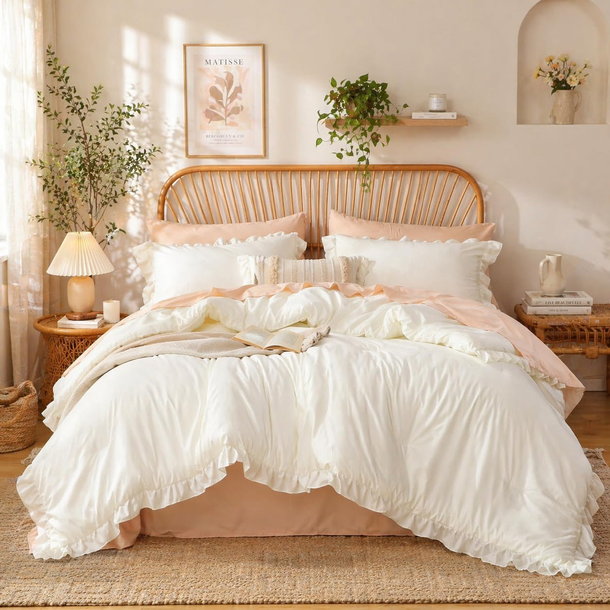JANZAA Blush Pink Comforter Set Queen, Ruffle Soft Bedding