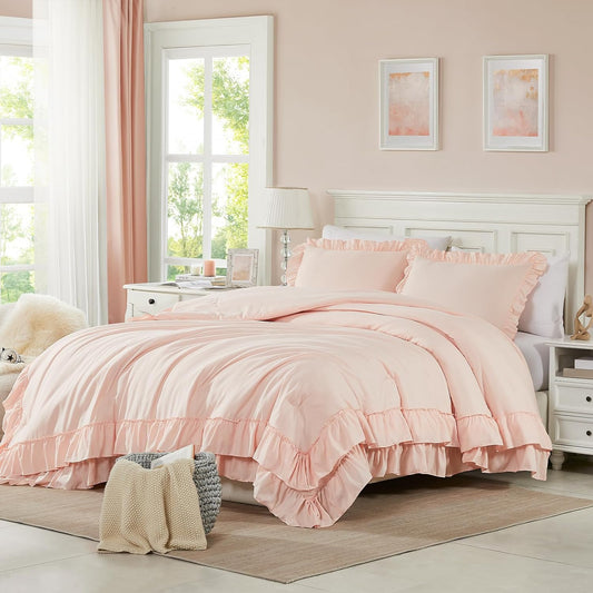 Cupocupa Blush Pink Comforter Set Queen, 3Pcs Comforters Queen Size Ruffle Farmhouse Bedding Sets Queen with Comforter, Lightweight Soft Shabby Chic Bedding Comforter Set Fluffy for All Season
