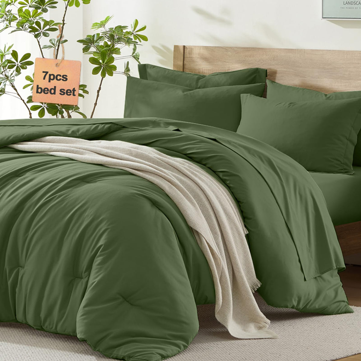 Homelike Moment King Size Comforter Set - 7 Piece Sage Green Bed in a Bag