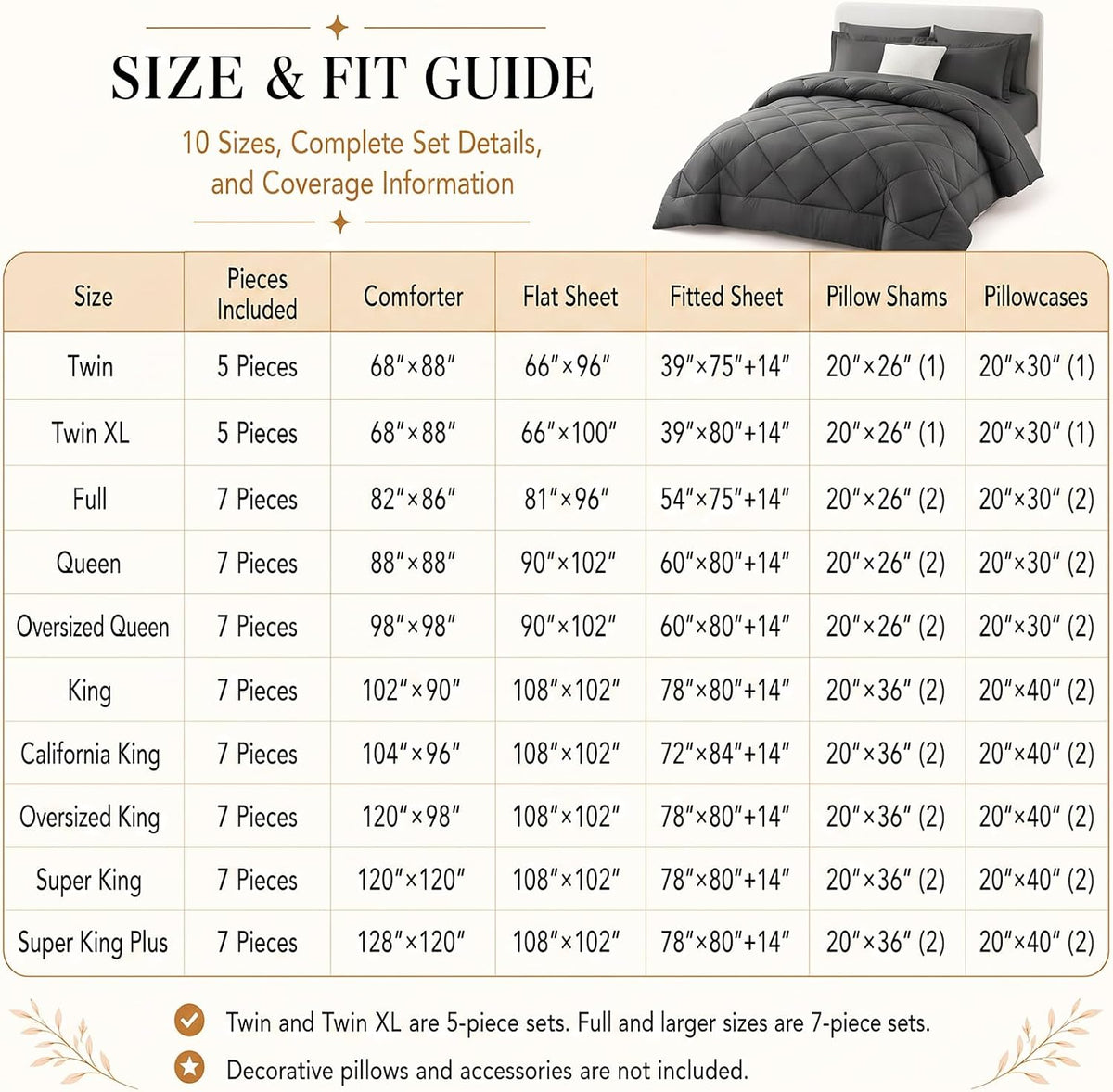 CozyLux Queen Comforter Set 88"x88" Dark Grey - 7 Piece Bed in a Bag