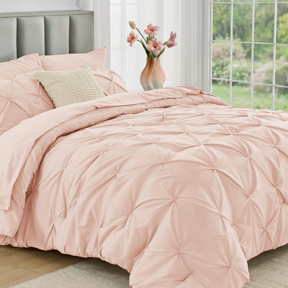 JOLLYVOGUE Queen Comforter Set 7 Pieces - Bed in a Bag Queen for All Season, Pintuck Bedding Comforter Sets with Comforter, Flat Sheet, Fitted Sheet and Pillowcases & Shams, Pink