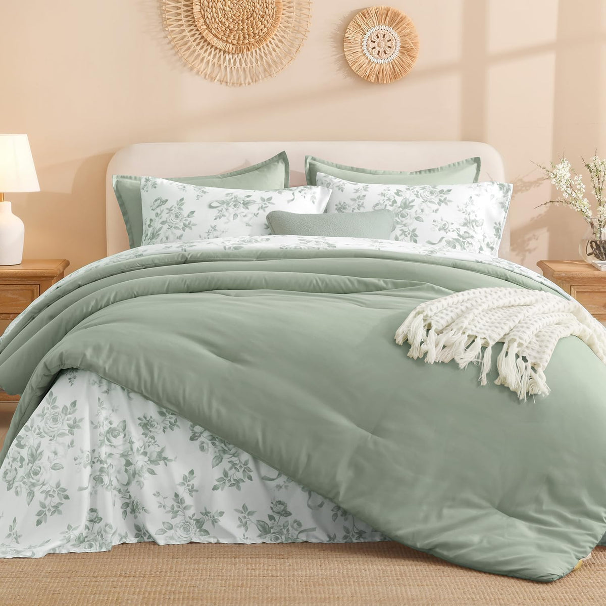 Litanika Floral Queen Comforter Set, 7 Peices Olive Green Bed in a Bag