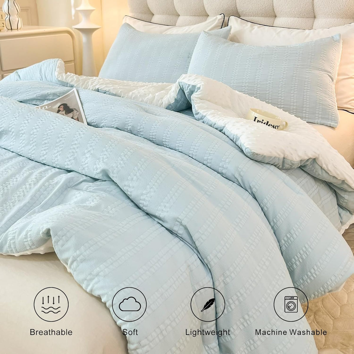 tohrisa Boho Comforter Set Full Size Striped Pleats Bohemian Seersucker Bedding Set All Season Soft Cozy 3 Pieces Quilt with 2 Pillowcases(80"X90" Light Blue)