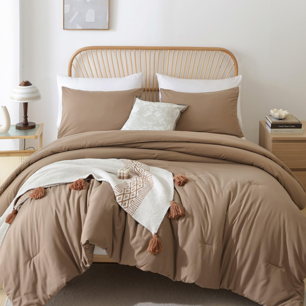 ROSGONIA Queen Comforter Set Olive Green, 3pcs Bedding Sets Queen (1 Boho Olive Comforter & 2 Pillowcases), All Season Lightweight Blanket Quilt