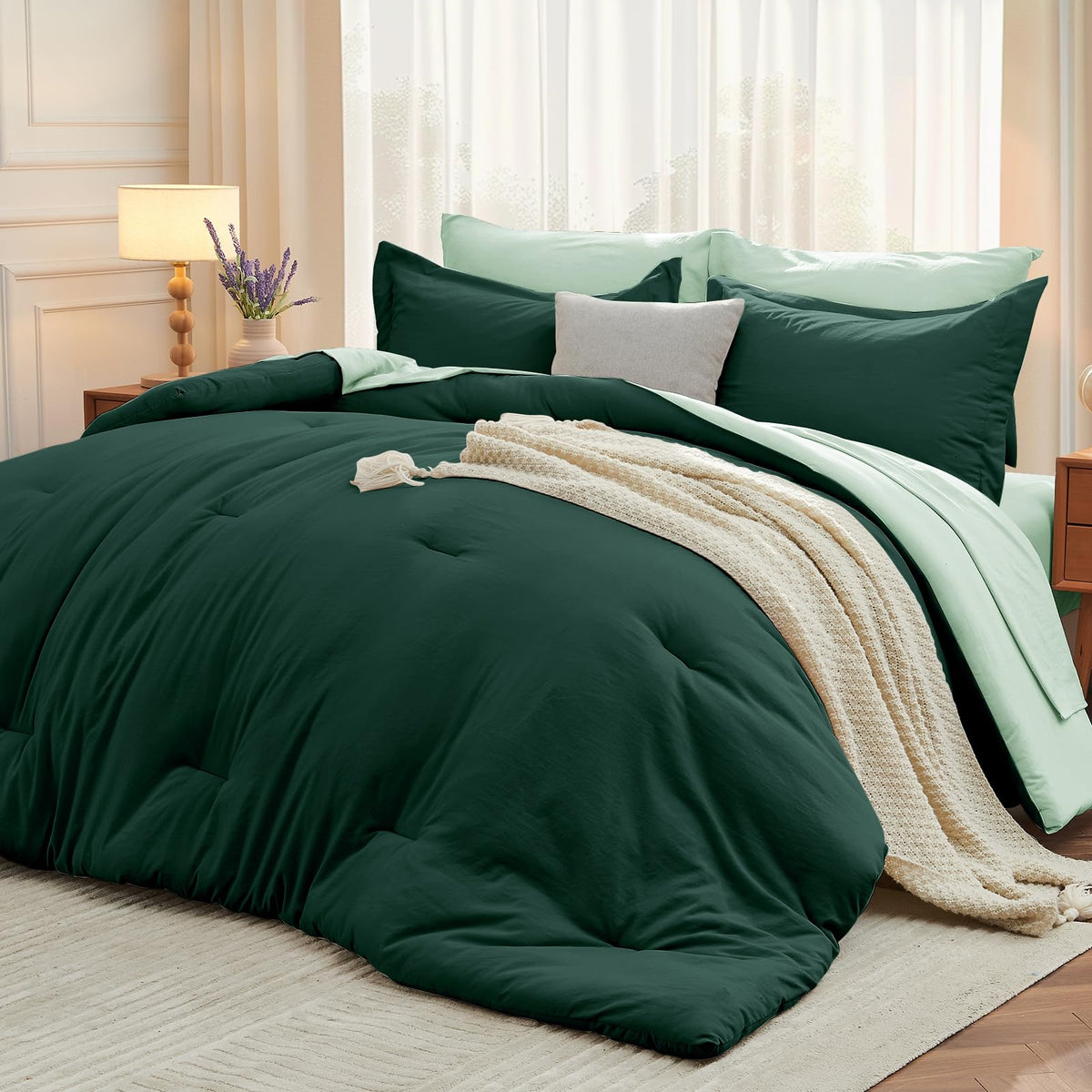 MUXHOMO 7 Pieces Queen Comforter Set, Soft Bed in a Bag Queen Size, All Season Bedding Set with Comforter, Flat Sheet, Fitted Sheet, Pillowcases & Shams, Beige