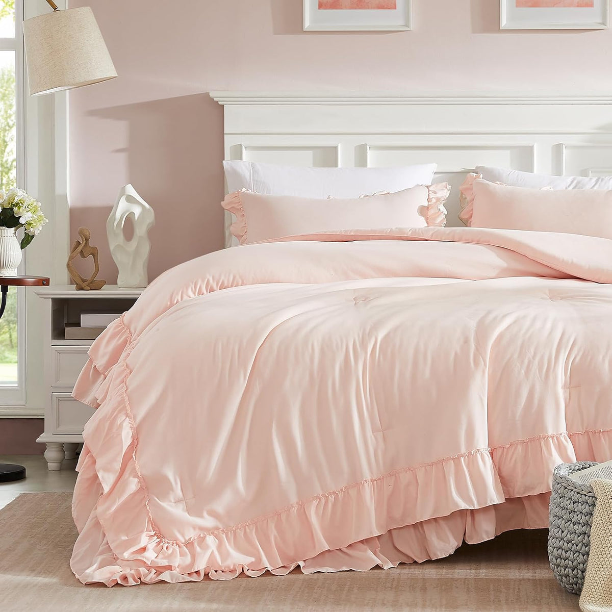 Cupocupa Blush Pink Comforter Set Queen, 3Pcs Comforters Queen Size Ruffle Farmhouse Bedding Sets Queen with Comforter, Lightweight Soft Shabby Chic Bedding Comforter Set Fluffy for All Season