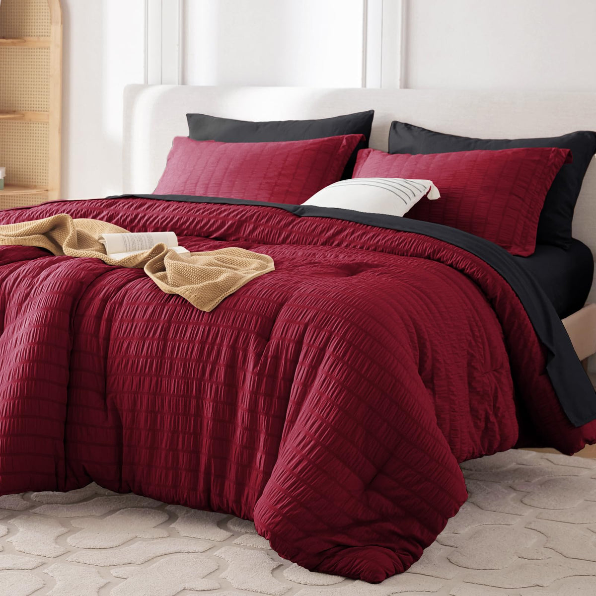 MUXHOMO 7 Pieces Queen Comforter Set, Seersucker Bed in a Bag Queen Size, All Season Luxury Bedding Set with Comforter, Flat Sheet, Fitted Sheet, Pillowcases & Shams, Beige