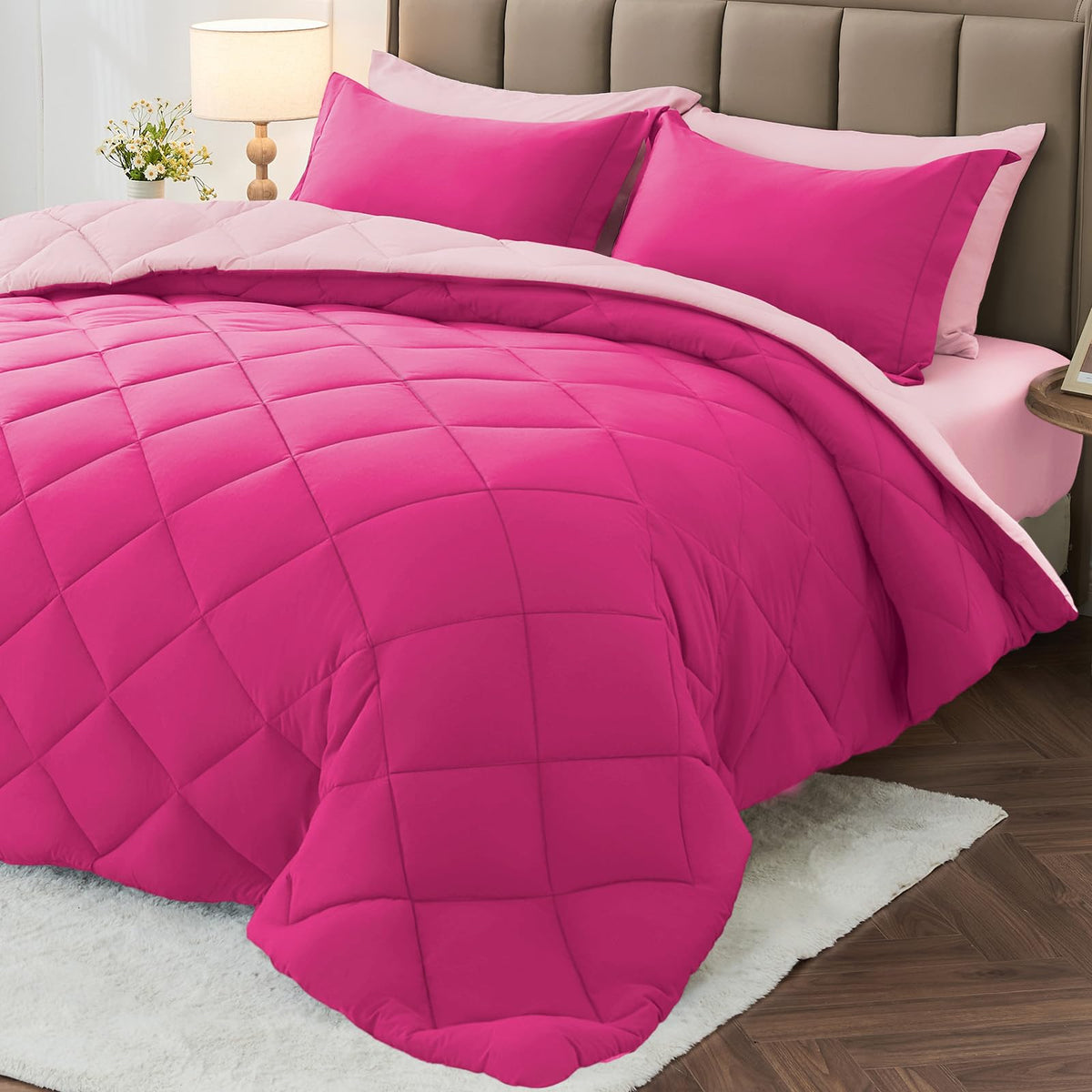 MUXHOMO 7 Pieces Queen Comforter Set, Reversible Bed in a Bag Queen Size, All Season Bedding Set with Comforter, Flat Sheet, Fitted Sheet, Pillowcases & Shams, Red & Black