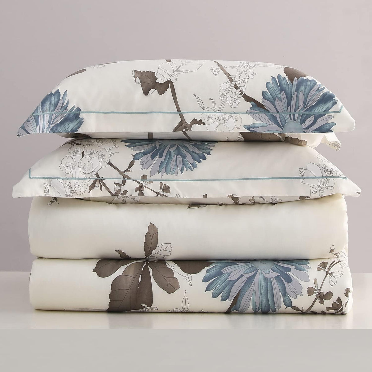 SLEEPBELLA Comforter Queen Size, 600 Thread Count Cotton Brown Branches and Blue Flowers Off-White Comforter Sets, Down Alternative Bedding Set 3Pcs(Queen, Off-White Botanical)